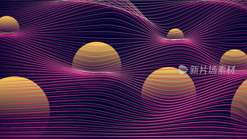 Futuristic digital illustration - Glowing spheres in waves. The concept of gravitational waves.